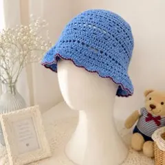 ハンドメイド かぎ編み バケットハット ブルー 値下げ中！！のサムネイル
