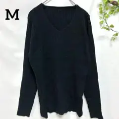 【M】ブラック 黒 Vネック リブ編みニット 春ニット 薄手 シンプル スリム