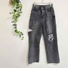 ［GRL］ハイウエストデニム（M）ダメージ加工 ストレート ダークグレー