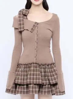 ブラウンオフショルダーリボンミニワンピース bubbles