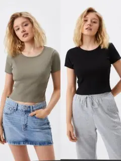 UNIQLO ユニクロ リブクロップドT 2枚セット カーキ 黒