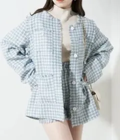 Chico ツイードフリンジセットアップ　水色　ジャケットのみ 2way