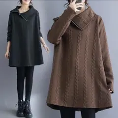 新品　秋冬 大きいサイズ 変形ハイネック 痩せ見え 黒チュニック　アシメu8