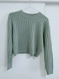 落ち着いたミント色 クロップ ニット 長袖セーター