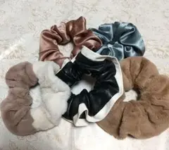 美品 シュシュ 5点 まとめ 黒白 茶 ベージュ 水色 ふわふわ ファー 合皮