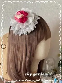 ♡ホワイトダブルレース ピンク薔薇 円形ヘッドドレス 成人式 ロリータゴスロリ♡