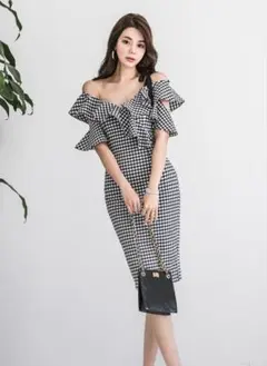 キャバドレス フリル オフショルダー チェック柄 ひざ丈 パーティー