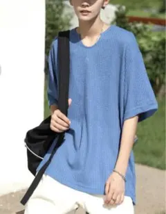 ネオス メンズ Tシャツ XL ゆったり ブルー ワッフル  夏服 韓国のサムネイル