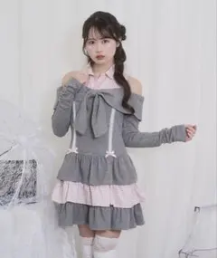 Honey Cinnamonオフショルリボンドッキングワンピース