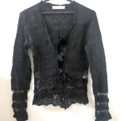 ポンポン付きブラック レース編み カーディガン