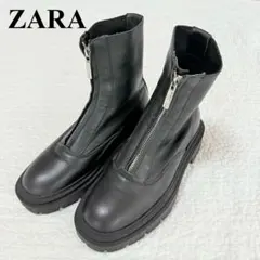 【新品未使用】ZARA フロントジップ ブーツ レザー 36 ブラック 黒
