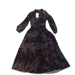 ZARA 花柄シアーロングワンピース 黒 XS 新品タグ付