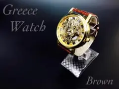 腕時計 スケルトンレザー　革ベルト ギリシャ文字 金フレーム