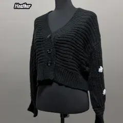 Heather ヘザー ショート丈 花刺繍 リブニットカーディガン ブラック Fのサムネイル