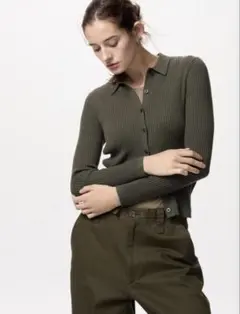 ユニクロ メリノリブポロカーディガン Lサイズ　オリーブ