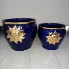 イタリア製 フラワーポット 大小 セット 太陽 月 紺×金 植木鉢 壺