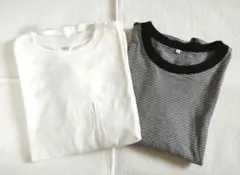 【2枚セット】七分袖Tシャツ 無地 白系 Lサイズ、ボーダー 白黒系 LLサイズ