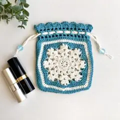 かぎ針編み 雪モチーフのミニ巾着・ミニポーチ【グリーン】