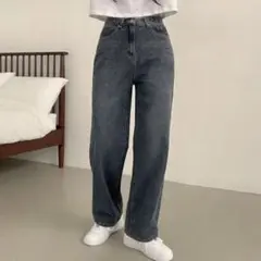 ハイウエスト ストレート ワイド ウォッシング デニムパンツ ダークブルー
