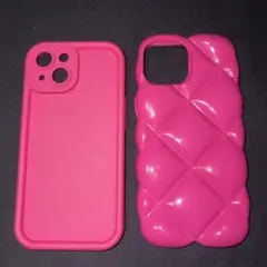 iPhone15ケース キルティング風デザインケース ピンク セット