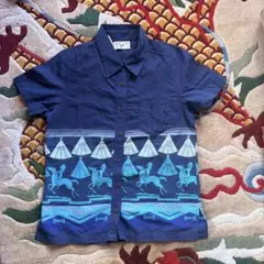 ネイティブ柄 半袖シャツ 藍染め？　かりゆし インド綿100% NAVY 木の実のサムネイル