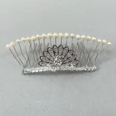 希少　ベビーあこや真珠デザインコーム　ティアラ　かんざし風　髪飾り　銀色金具