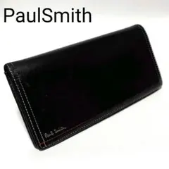 PaulSmith　長財布　黒　レザー　ステッチ　ストライプ　プリントロゴ
