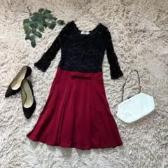 6688✾切替ワンピース【M】黒赤/ひざ丈ドレス/レース/七分袖/袖シアー