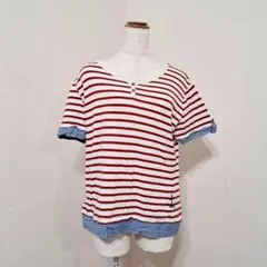 ラフモア【3L】半袖ボーダーカットソー　マリン　スリット　伸縮