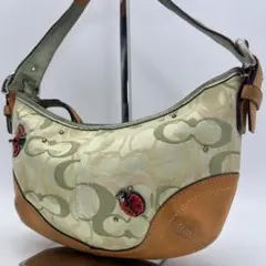 良品 COACH ハンドバッグ キャンバス グリーン ビジュー てんとう虫 