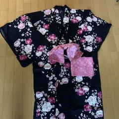浴衣・帯・バッグセット　ネイビーにピンクの花柄