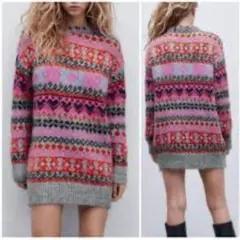 ZARA ジャガード ニット チュニック ワンピース XL グレー