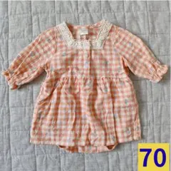 futafuta　70　チェック柄 長袖ロンパース　レース　花柄　保育園　401