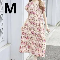 トッコクローゼット 飾り釦 Ｖネック フラワープリント ワンピース ベージュ　M