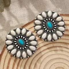 男女兼用✨ ホワイト ブルー ターコイズ 花 ピアス ヴィンテージ ウェスタン