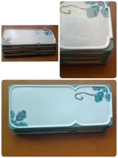 伊万里焼・有田焼　角皿5枚セット　ターコイズブルーの葉と金色