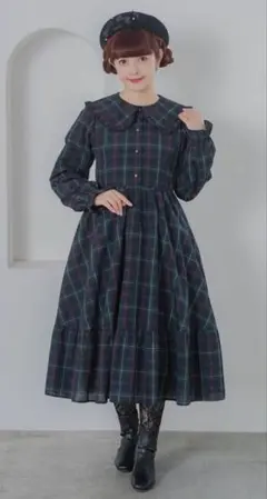青木美沙子しまむらコラボ チェック柄フリル襟ワンピース Lサイズ グリーン