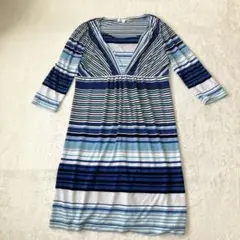 ミッシェルクラン カシュクールワンピース M 青 ボーダー 七分袖 総柄 ひざ丈のサムネイル