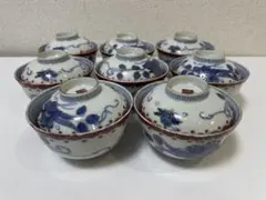 【現状品】古伊万里 蓋付椀 染付 金彩 花蝶文様 懐石 煮物椀 吸物椀 7客