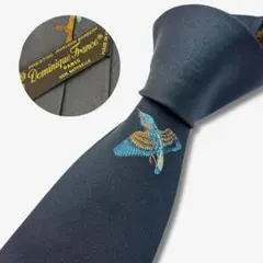 Dominique France シルクネクタイ 鳥 刺繍柄 ネイビー