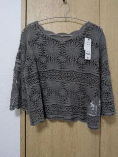 新品 透かし編み 半袖ニット チャコールグレーのサムネイル