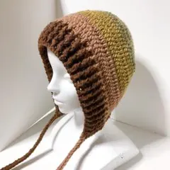耳当て付きニット帽　ボンネット帽子フード帽 y2k ハンドメイド アースカラー