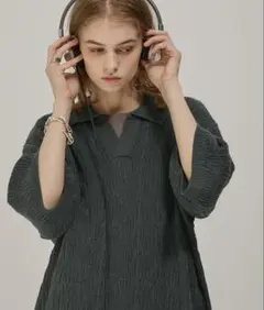 【美品】ジャガードスキッパールーズニットポロシャツ EMMA CLOTHES S