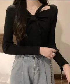 フロントリボンリブニットトップス