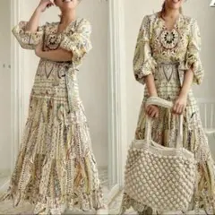 ZARA ザラ ボヘミアンプリント ミディマキシドレス インド綿 サイズXS