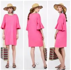 新品☆ZARA ザラ 袖フレアーワンピース Pink, s.