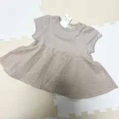 【新品タグ付き】petit mainベージュ 柄ドッキングペプラムT 90