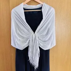 2点セット 結婚式 パーティードレス ネイビー ワンピースシルバー ショール