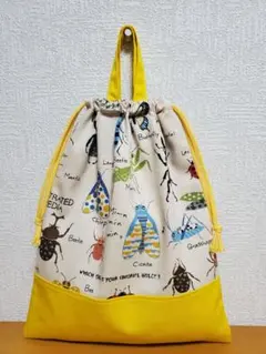 持ち手付き巾着袋 上靴入れ お道具袋 昆虫図鑑 イエロー