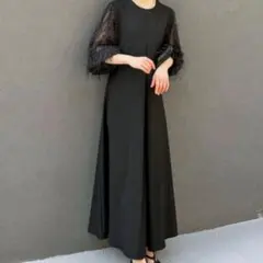 ワンピース　オケージョン　ドレス　結婚式　パーティ　袖あり　黒　膝下　ロング